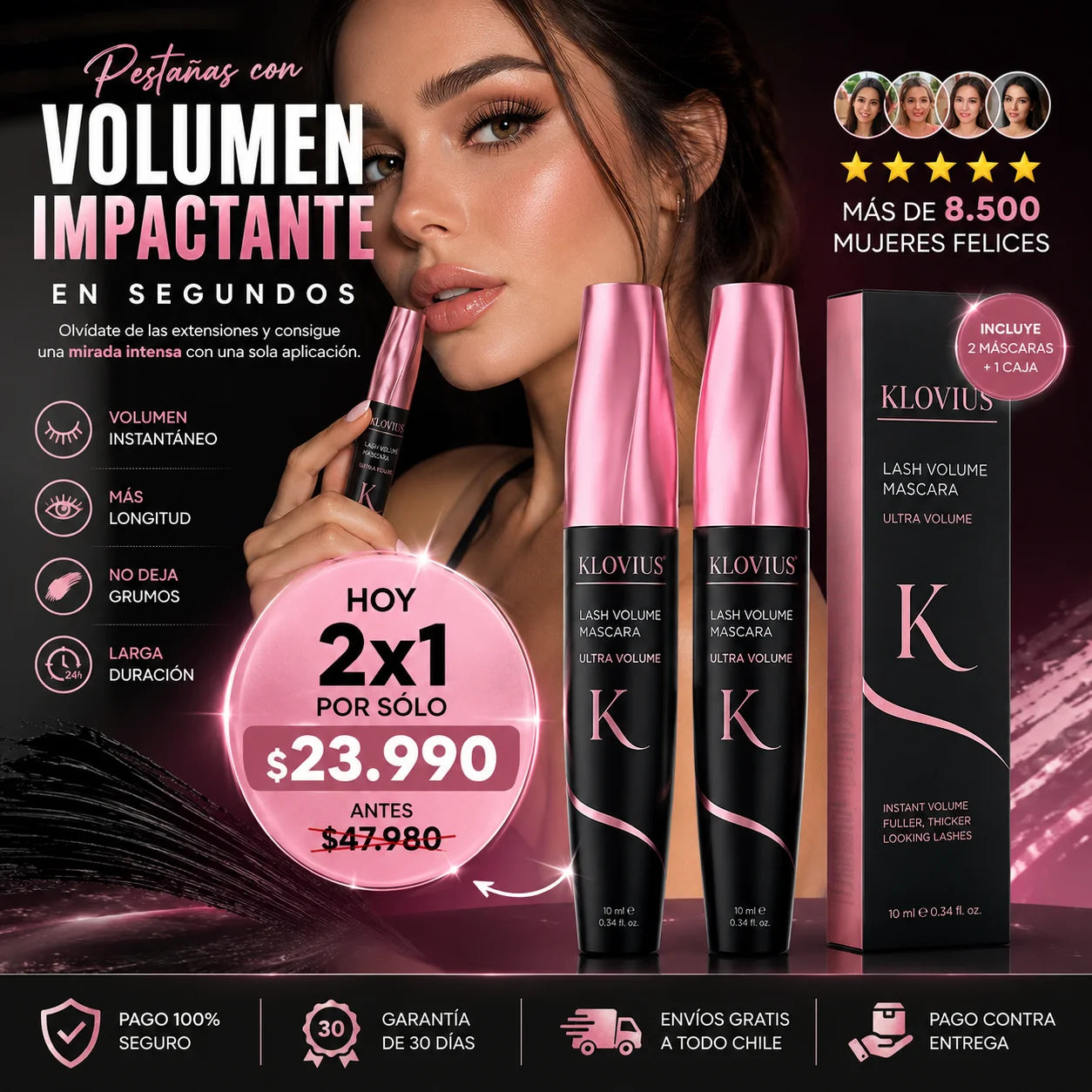 2x1 Máscara de Pestañas Klovius Lash l Volumen Instantáneo y Pestañas Más Gruesas