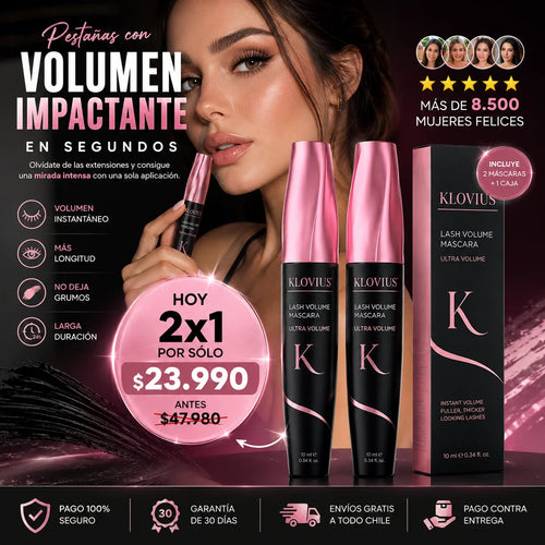 2x1 Máscara de Pestañas Klovius Lash l Volumen Instantáneo y Pestañas Más Gruesas