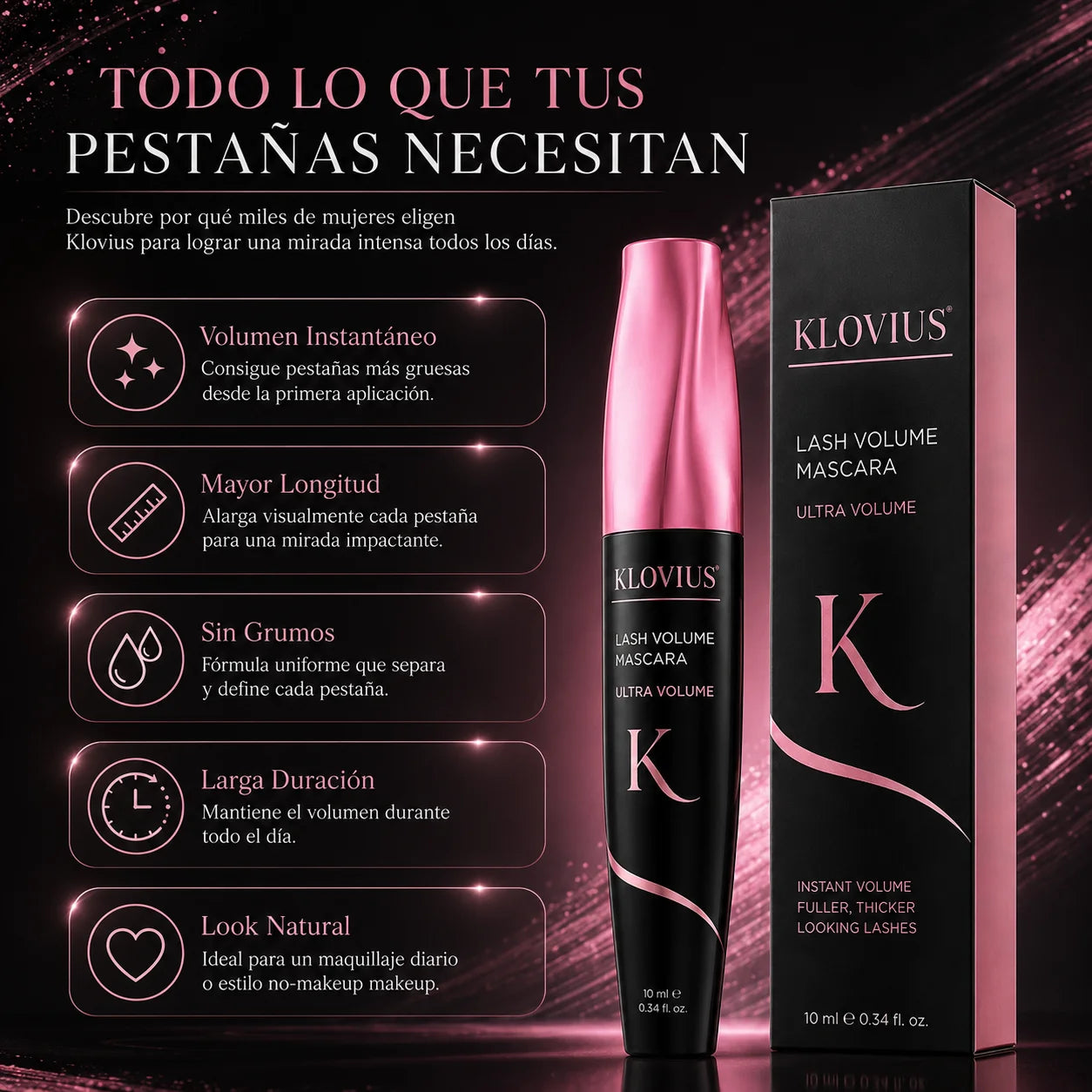 2x1 Máscara de Pestañas Klovius Lash l Volumen Instantáneo y Pestañas Más Gruesas